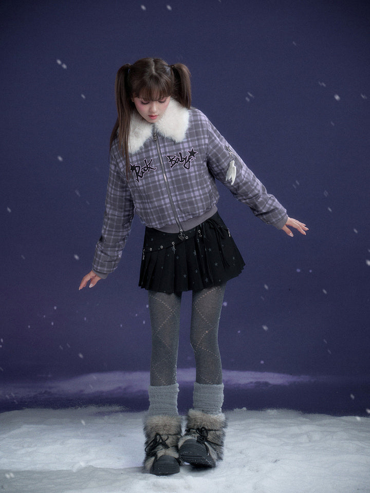 Y2K Plaid Plush Collar Bomber Jacket