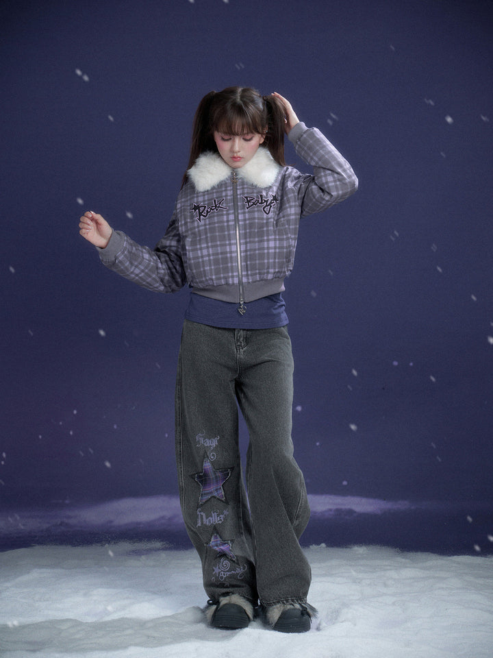 Y2K Plaid Plush Collar Bomber Jacket