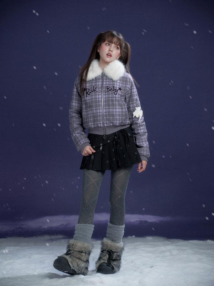 Y2K Plaid Plush Collar Bomber Jacket