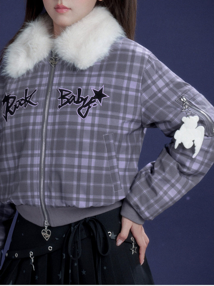 Y2K Plaid Plush Collar Bomber Jacket