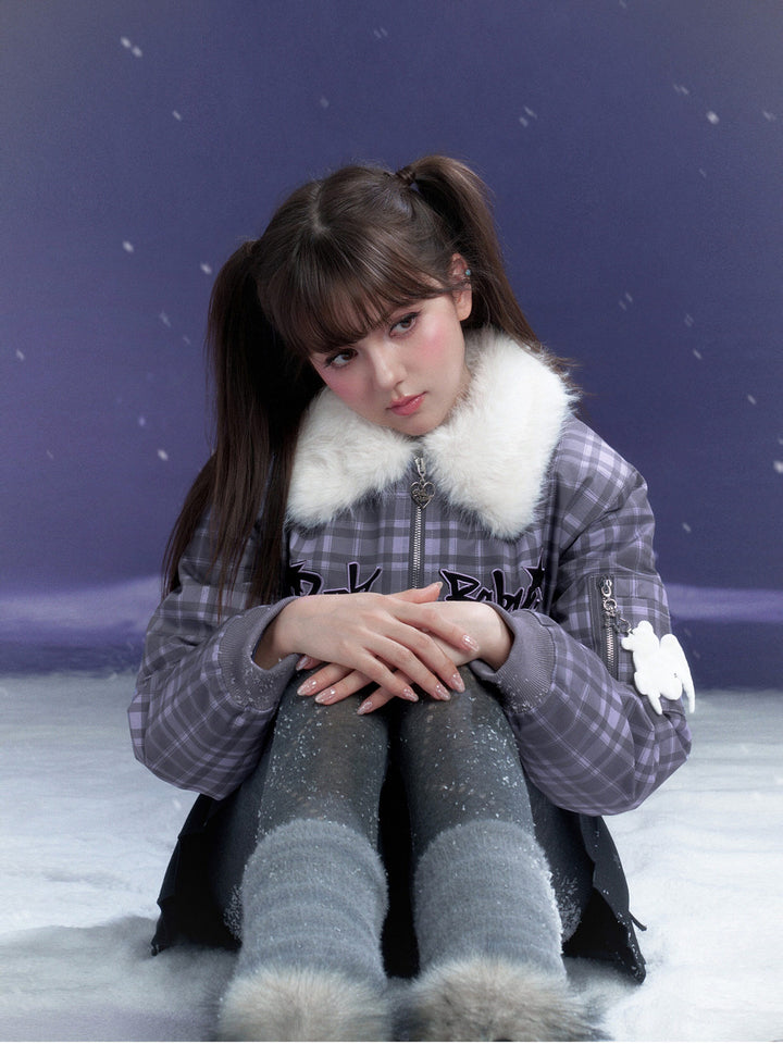 Y2K Plaid Plush Collar Bomber Jacket