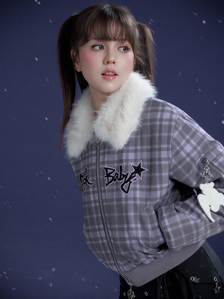 Y2K Plaid Plush Collar Bomber Jacket
