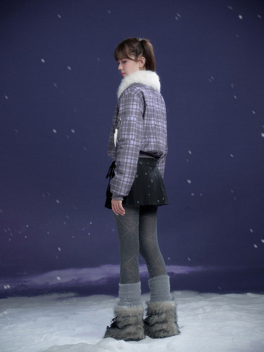 Y2K Plaid Plush Collar Bomber Jacket