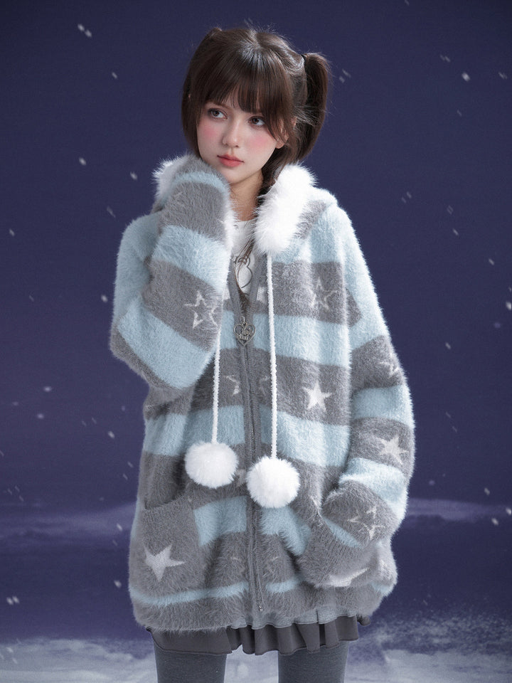 Kawaii Star Stripe Fuzzy Jacket