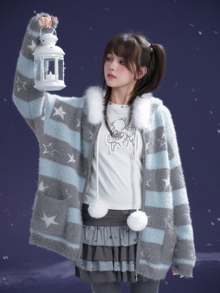 Kawaii Star Stripe Fuzzy Jacket