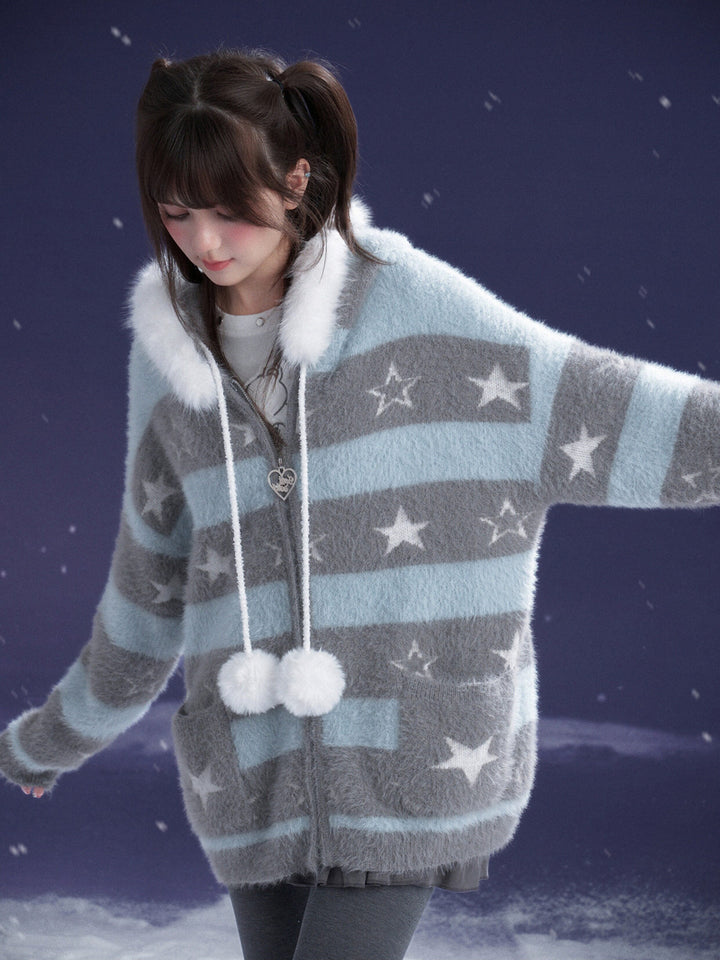 Kawaii Star Stripe Fuzzy Jacket