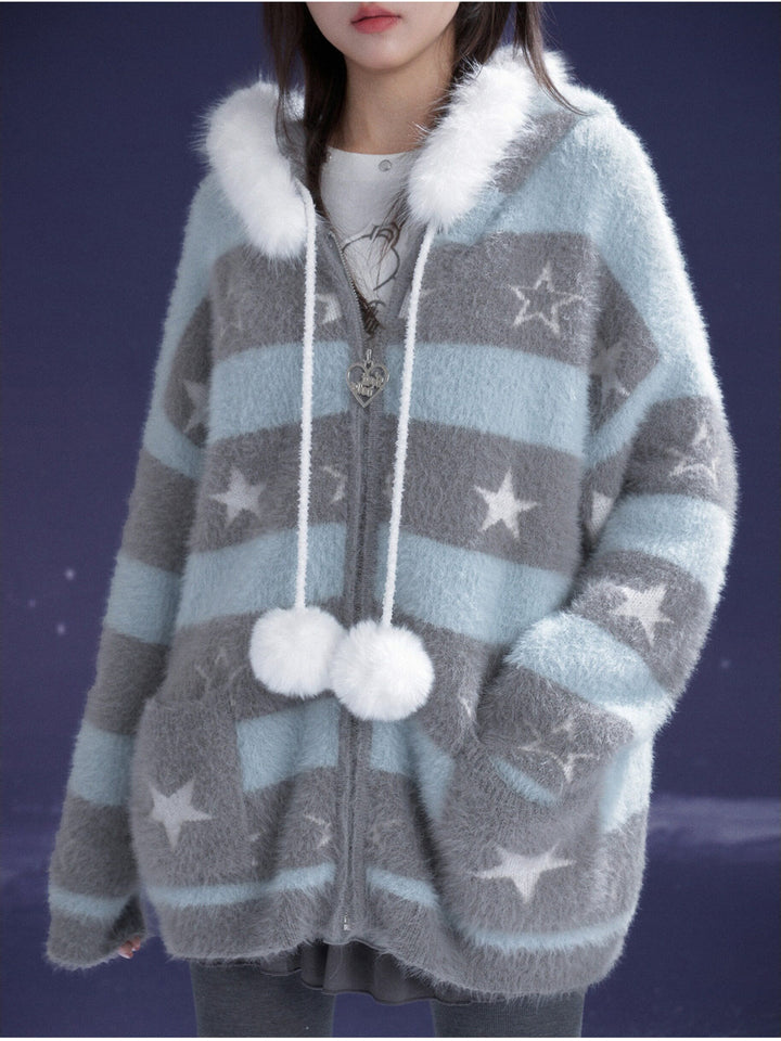 Kawaii Star Stripe Fuzzy Jacket