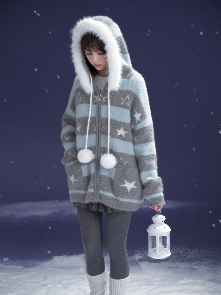Kawaii Star Stripe Fuzzy Jacket