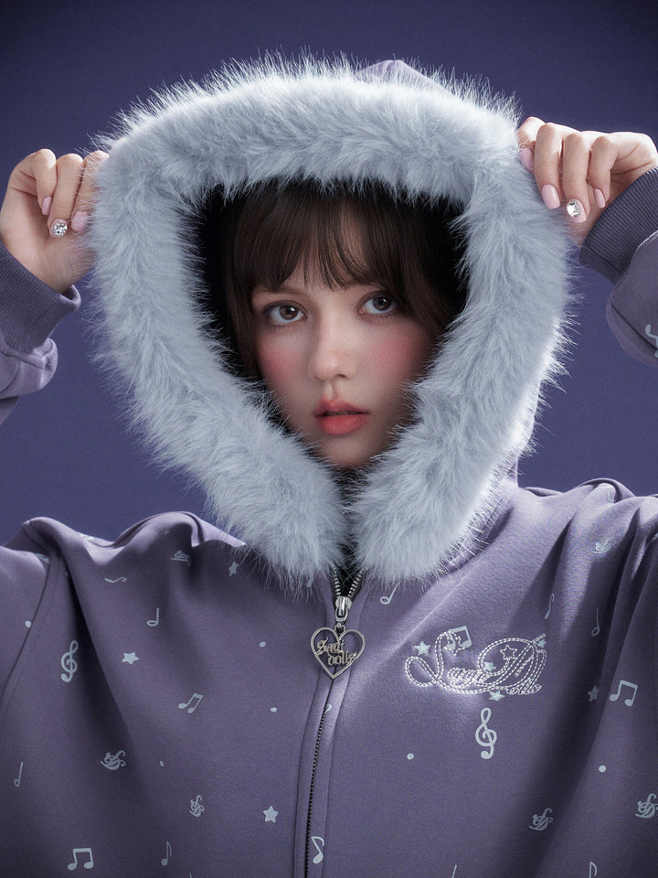 Purple Music Note Fuzzy Hood Jacket