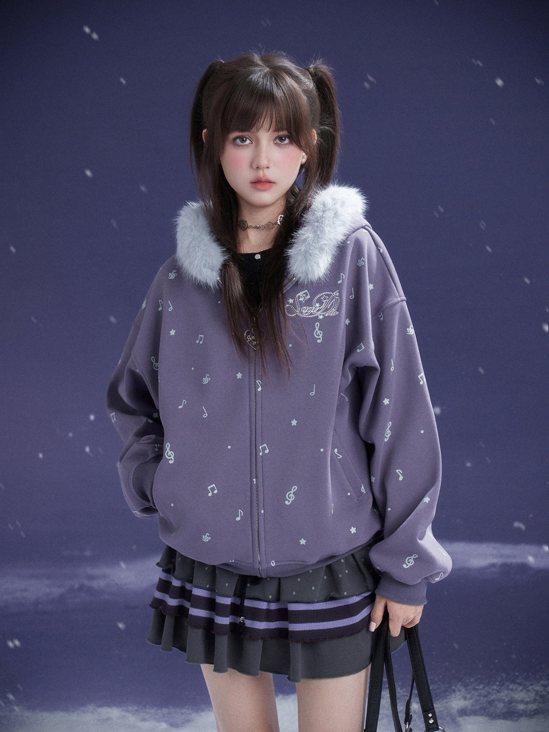Purple Music Note Fuzzy Hood Jacket