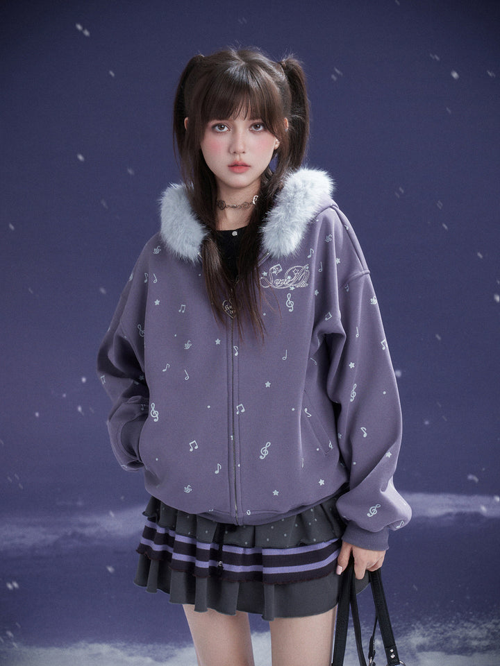 Purple Music Note Fuzzy Hood Jacket