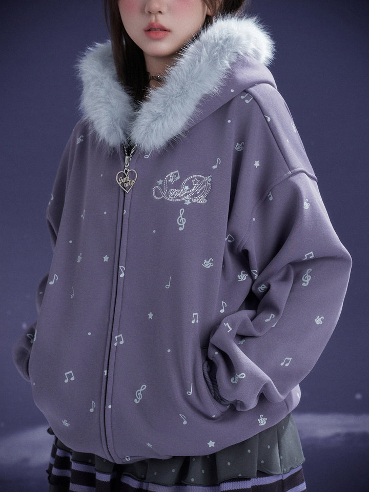 Purple Music Note Fuzzy Hood Jacket