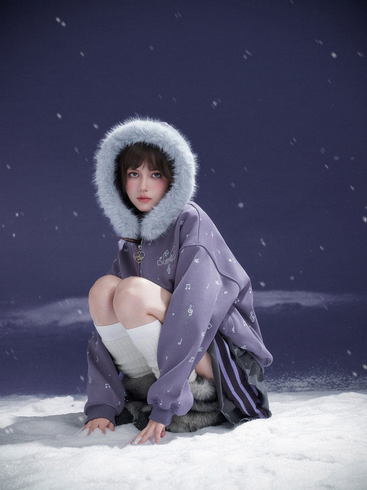 Purple Music Note Fuzzy Hood Jacket