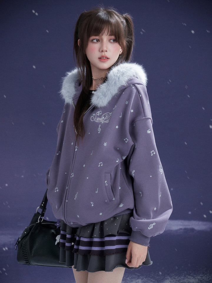 Purple Music Note Fuzzy Hood Jacket