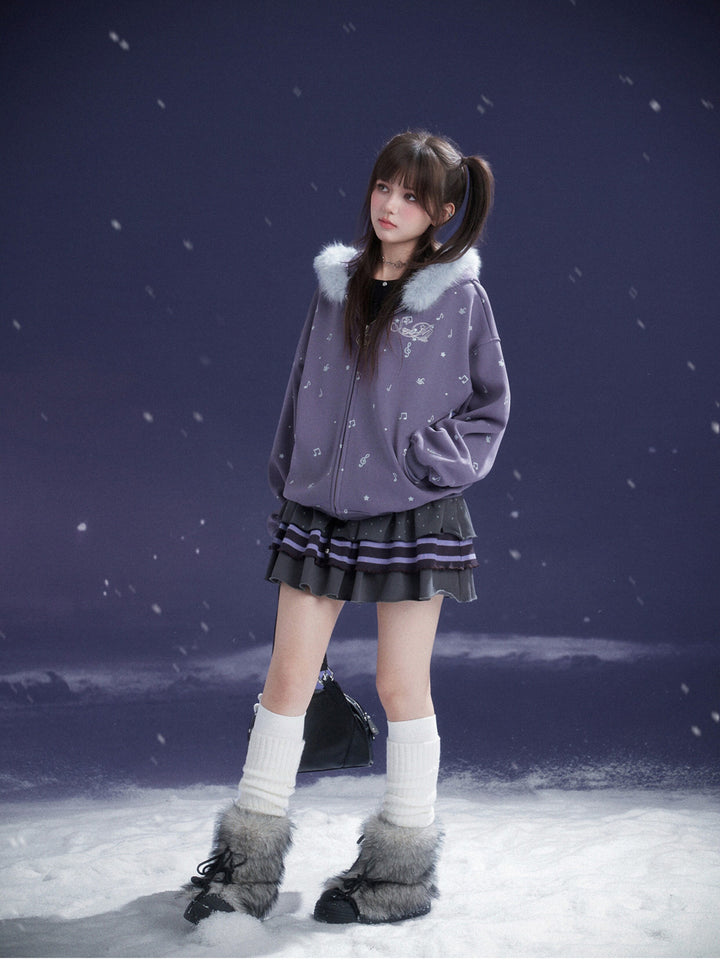 Purple Music Note Fuzzy Hood Jacket