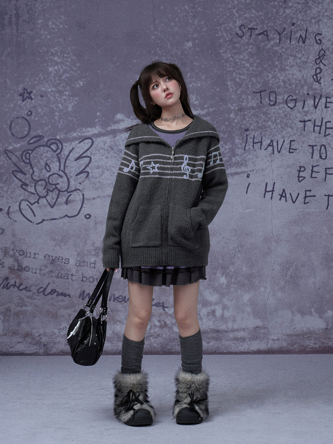 Musical Note Sailor Collar Knit Jacket