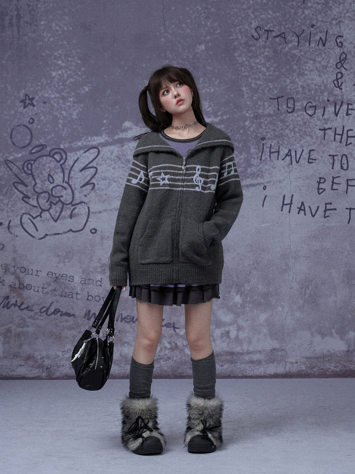 Musical Note Sailor Collar Knit Jacket