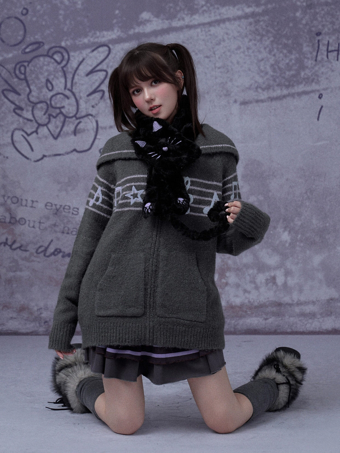 Musical Note Sailor Collar Knit Jacket