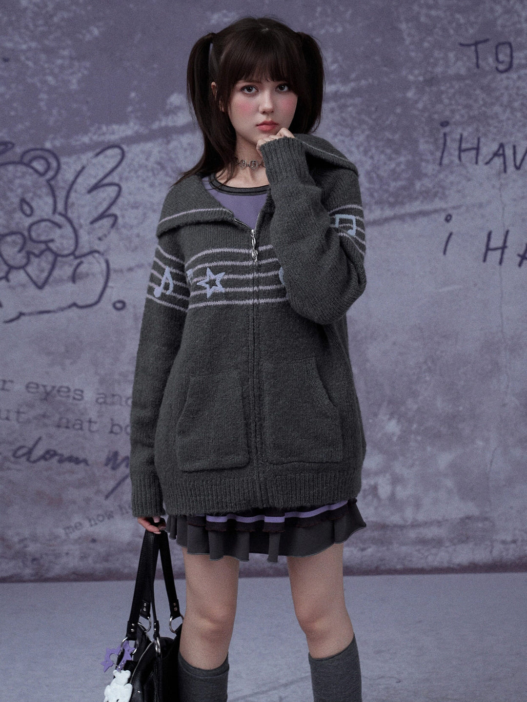 Musical Note Sailor Collar Knit Jacket