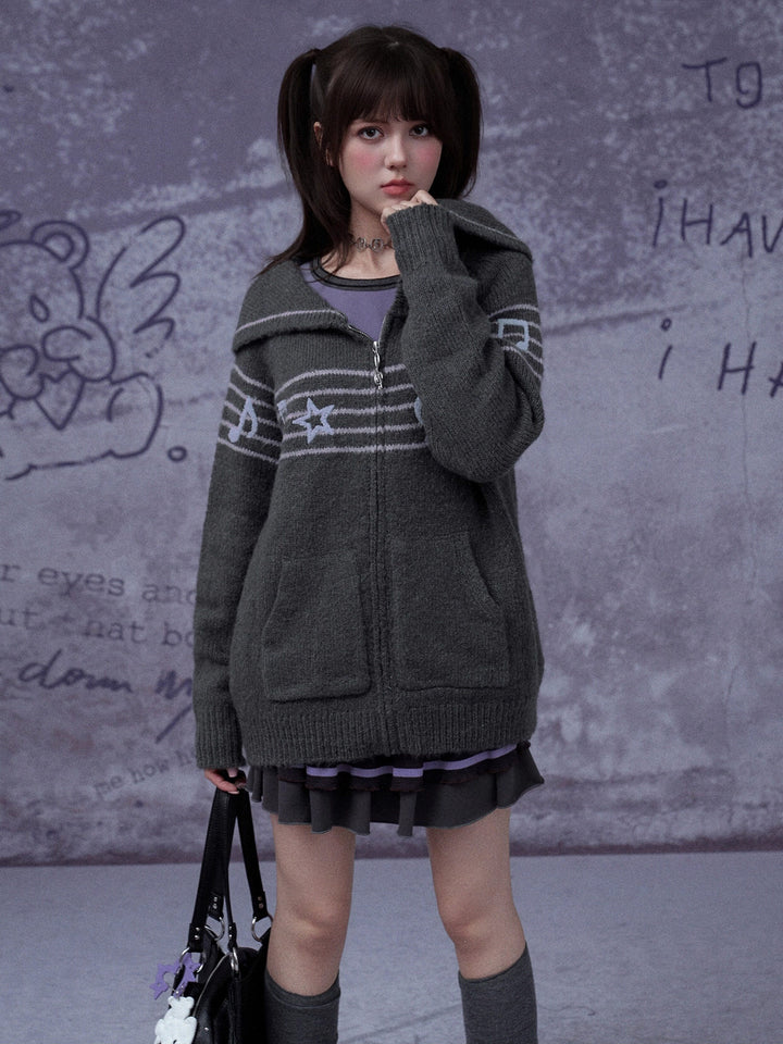 Musical Note Sailor Collar Knit Jacket