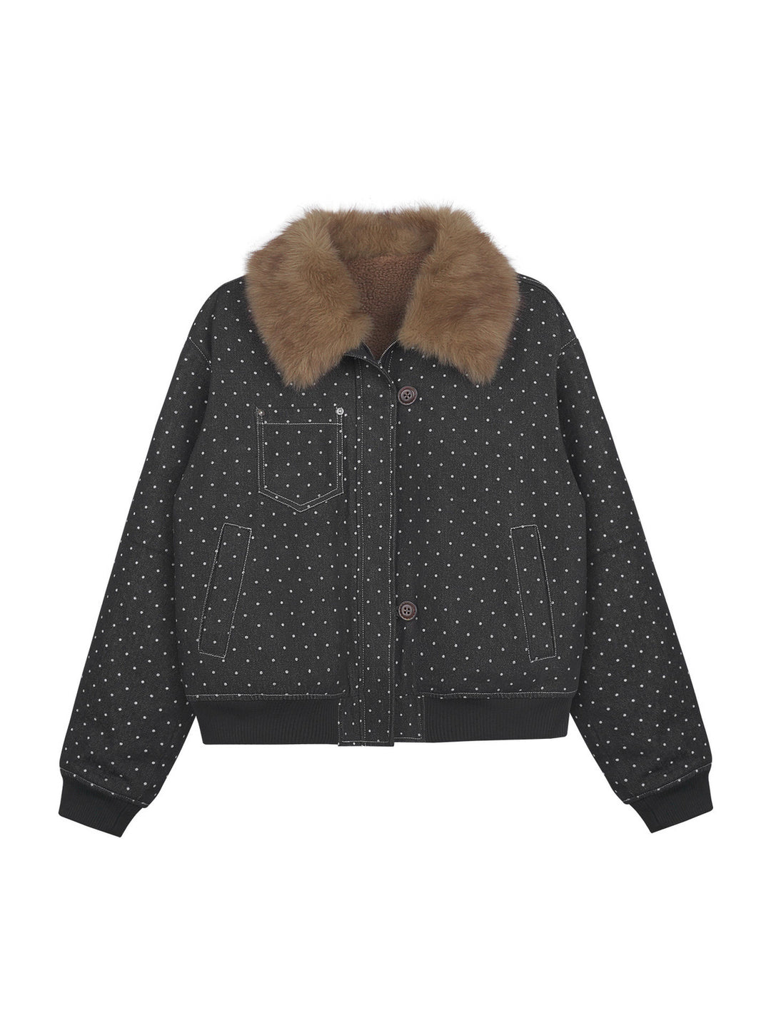 Polka Dot Detachable Faux Fur Collar Jacket