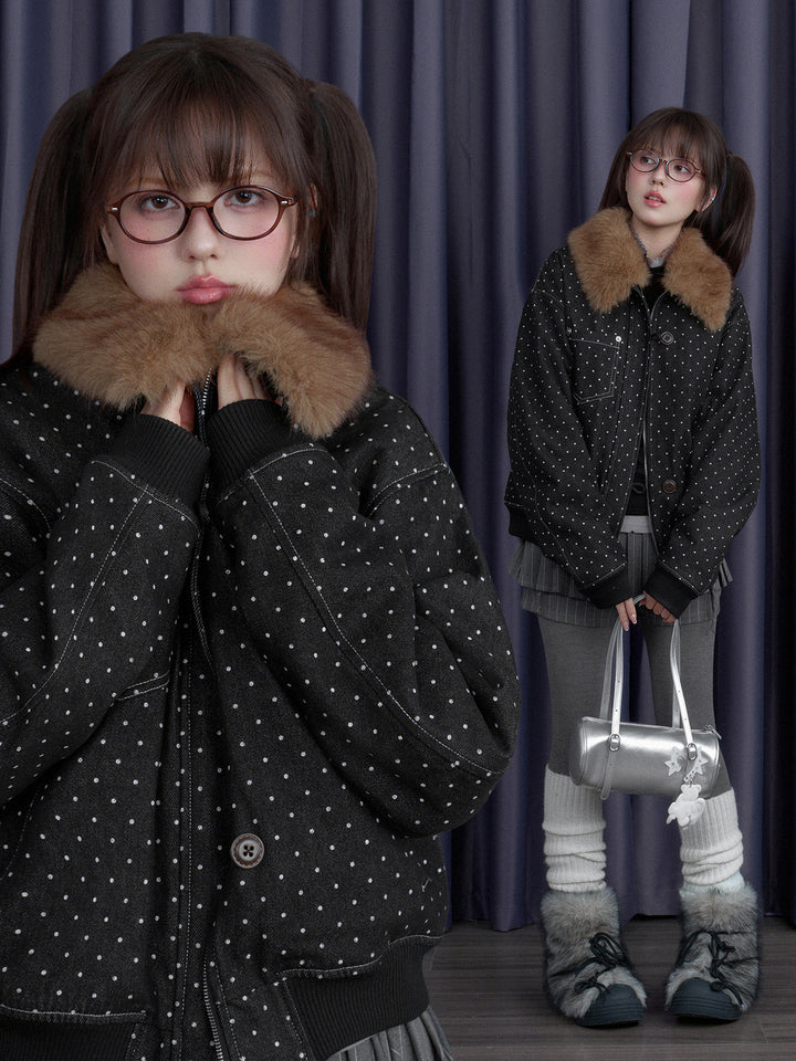 Polka Dot Detachable Faux Fur Collar Jacket