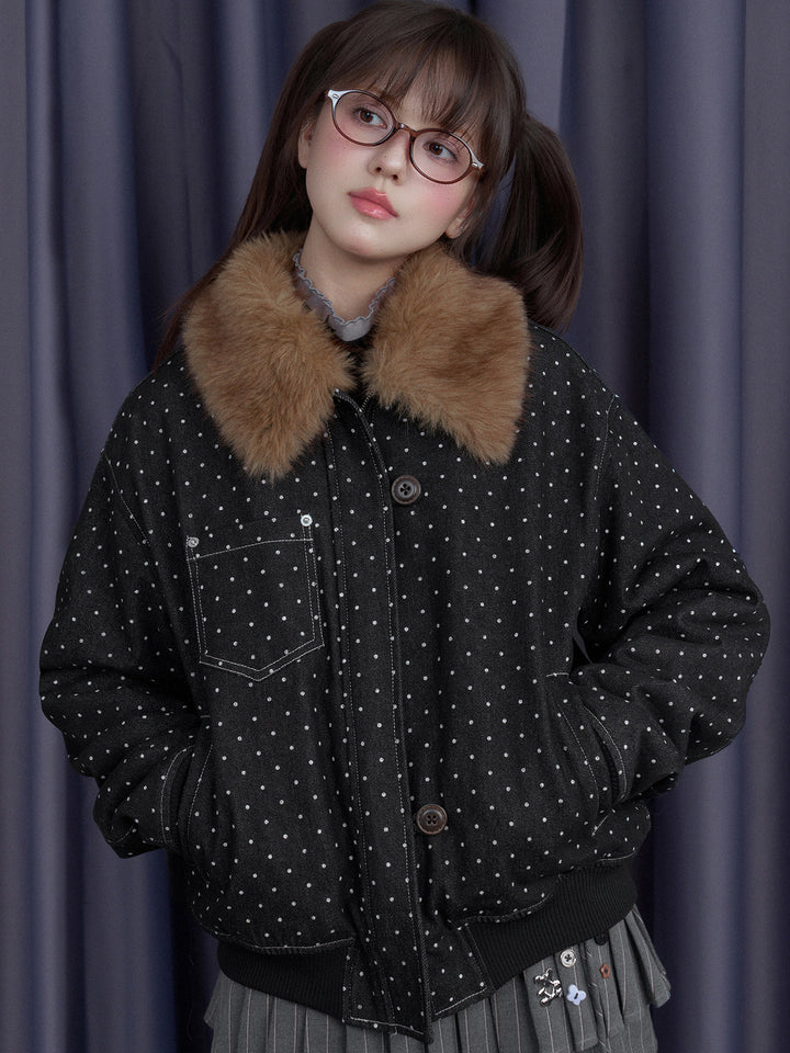 Polka Dot Detachable Faux Fur Collar Jacket