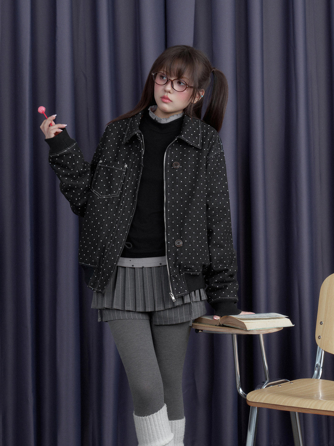 Polka Dot Detachable Faux Fur Collar Jacket