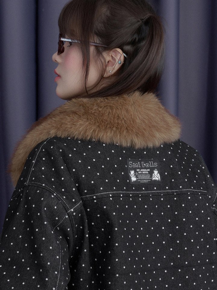 Polka Dot Detachable Faux Fur Collar Jacket
