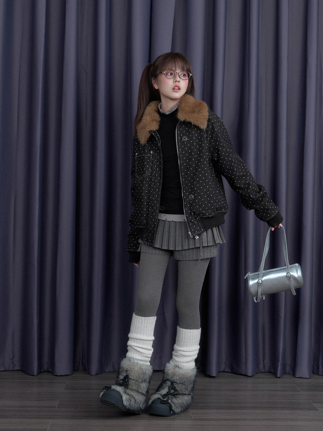 Polka Dot Detachable Faux Fur Collar Jacket