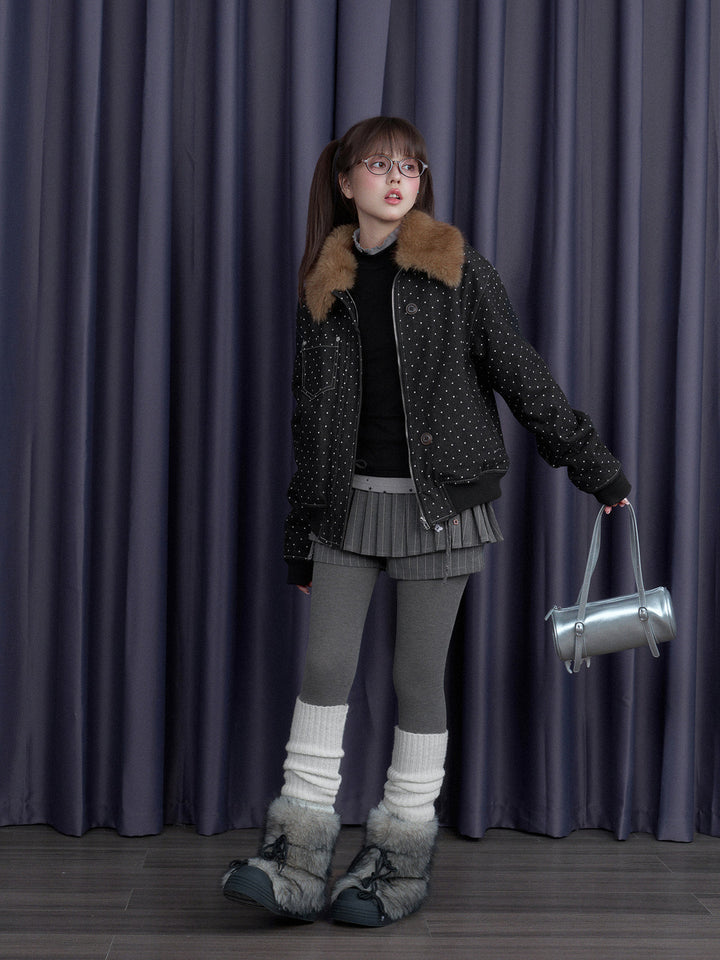 Polka Dot Detachable Faux Fur Collar Jacket