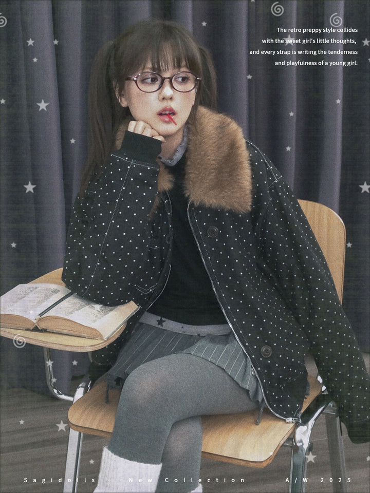 Polka Dot Detachable Faux Fur Collar Jacket