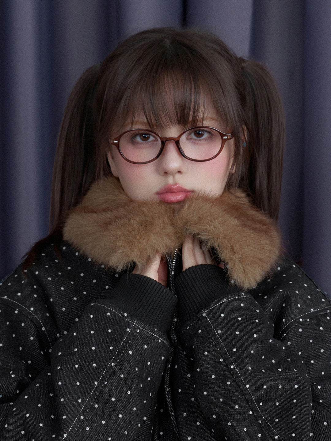 Polka Dot Detachable Faux Fur Collar Jacket