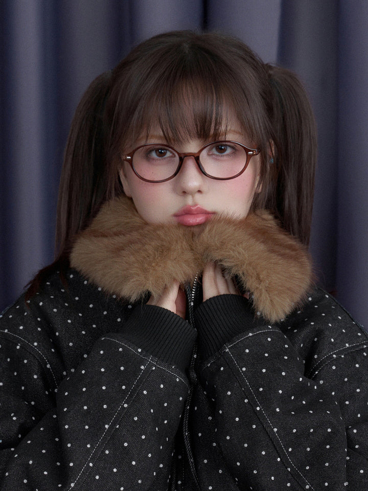 Polka Dot Detachable Faux Fur Collar Jacket