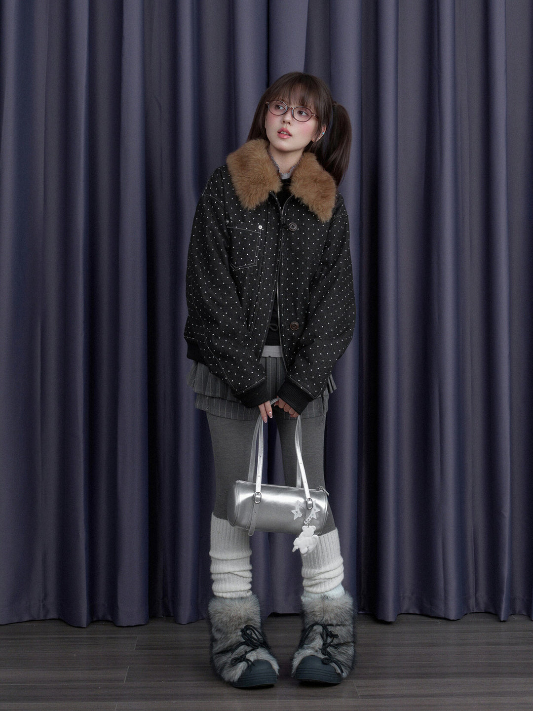Polka Dot Detachable Faux Fur Collar Jacket