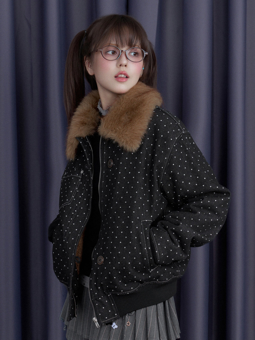 Polka Dot Detachable Faux Fur Collar Jacket