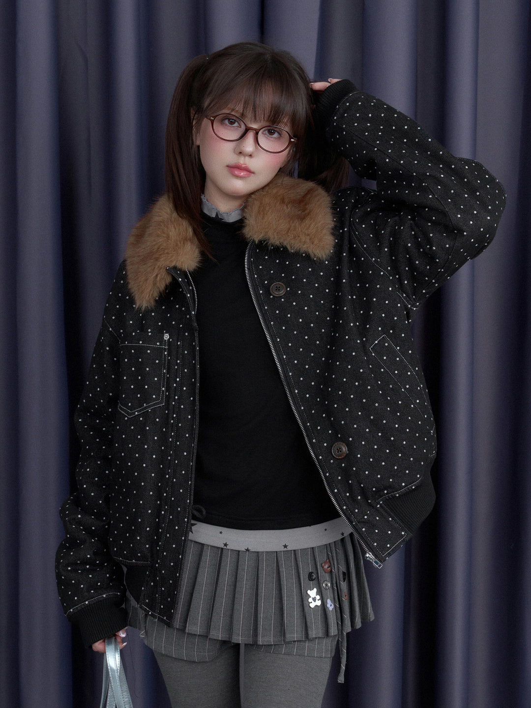 Polka Dot Detachable Faux Fur Collar Jacket