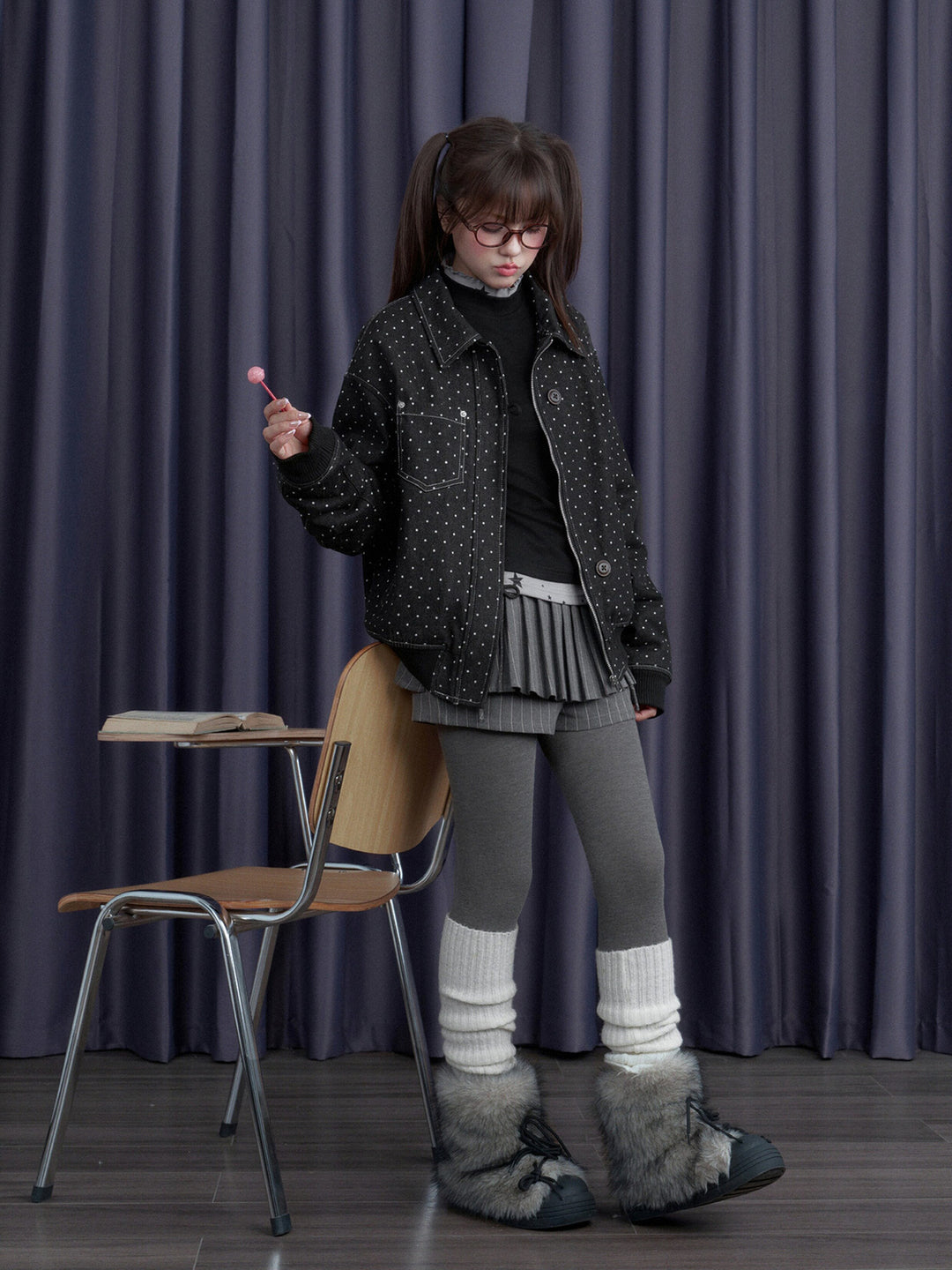 Polka Dot Detachable Faux Fur Collar Jacket