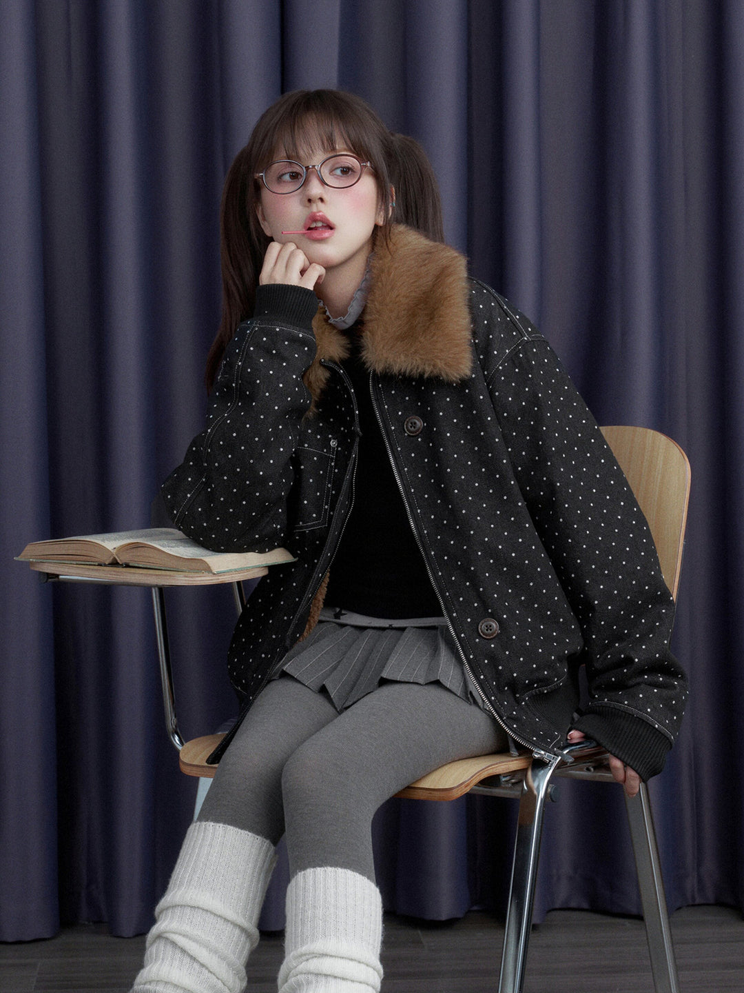 Polka Dot Detachable Faux Fur Collar Jacket