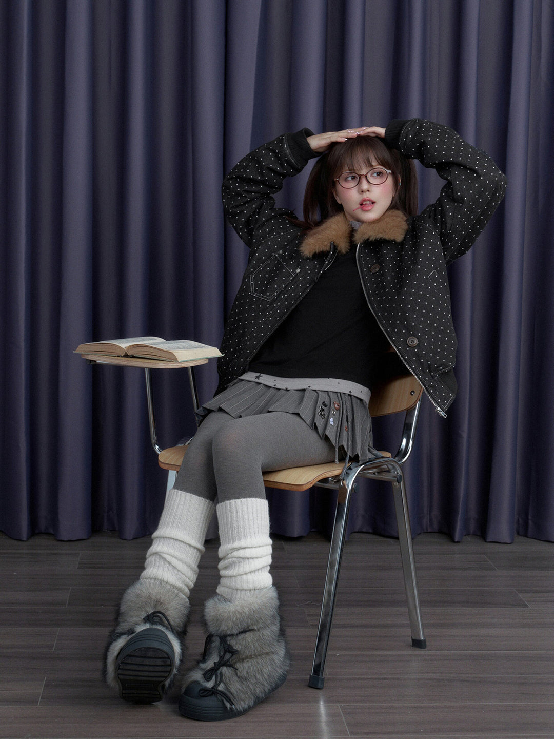 Polka Dot Detachable Faux Fur Collar Jacket