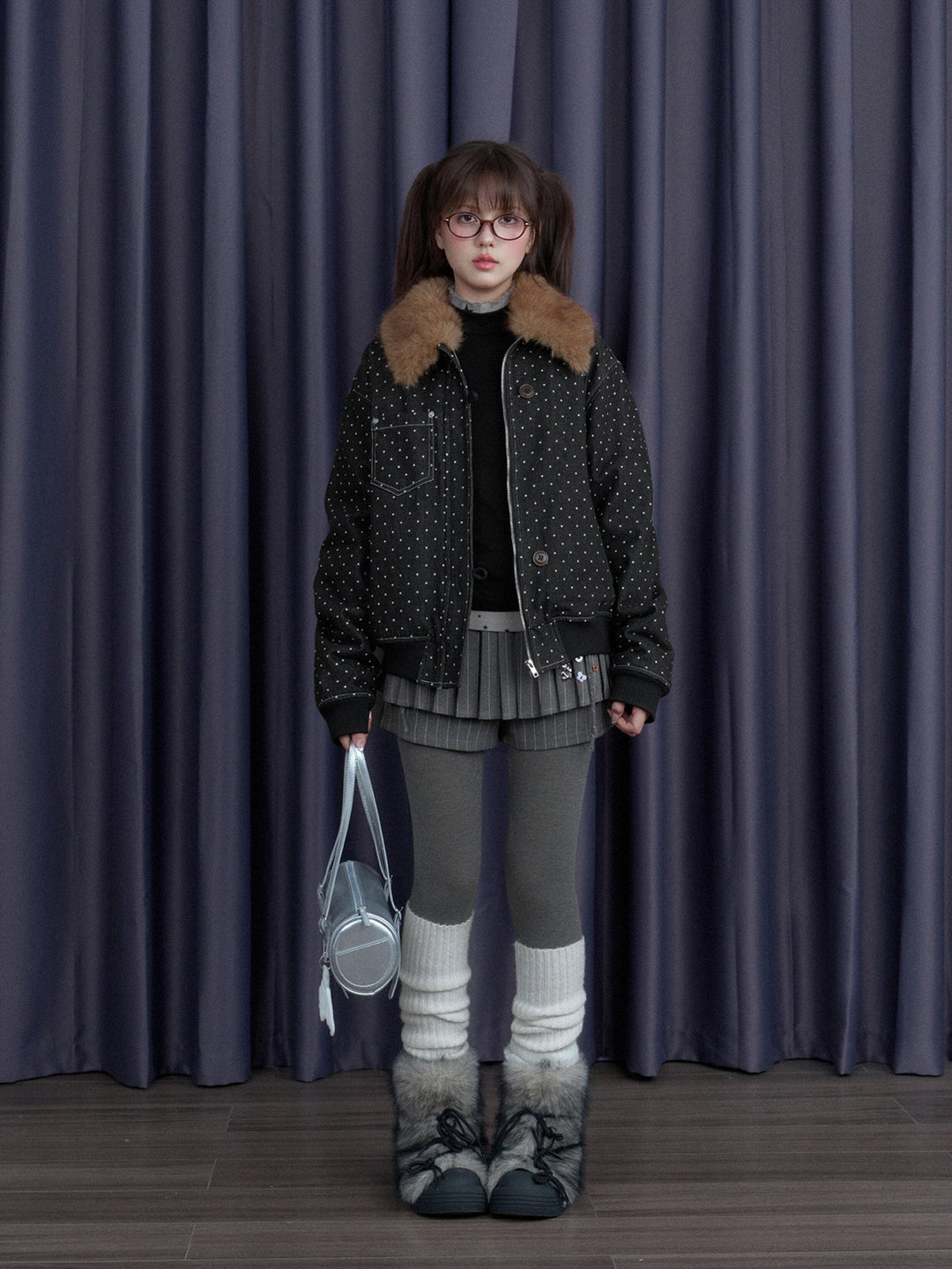 Polka Dot Detachable Faux Fur Collar Jacket