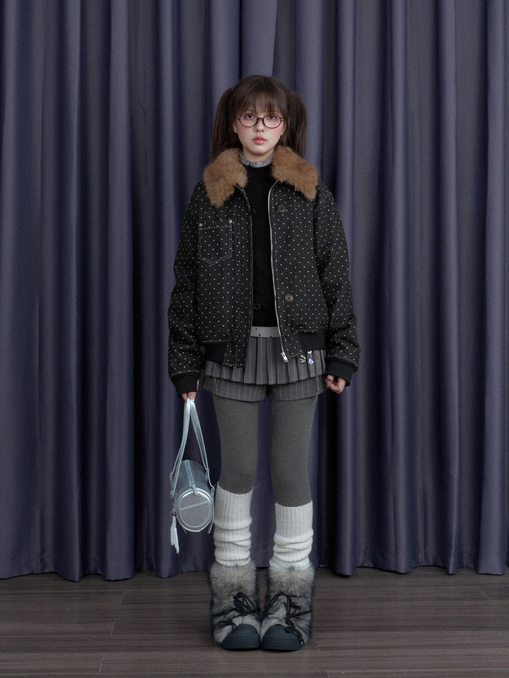 Polka Dot Detachable Faux Fur Collar Jacket