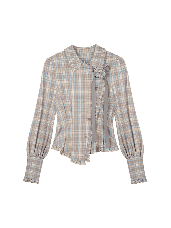 Coquette Rose Brooch Plaid Shirt