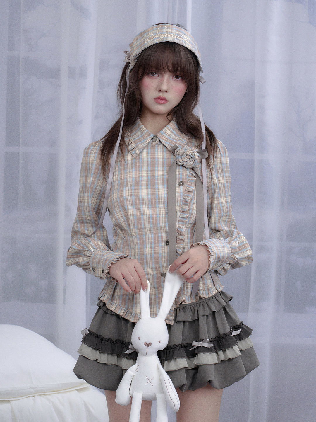 Coquette Rose Brooch Plaid Shirt