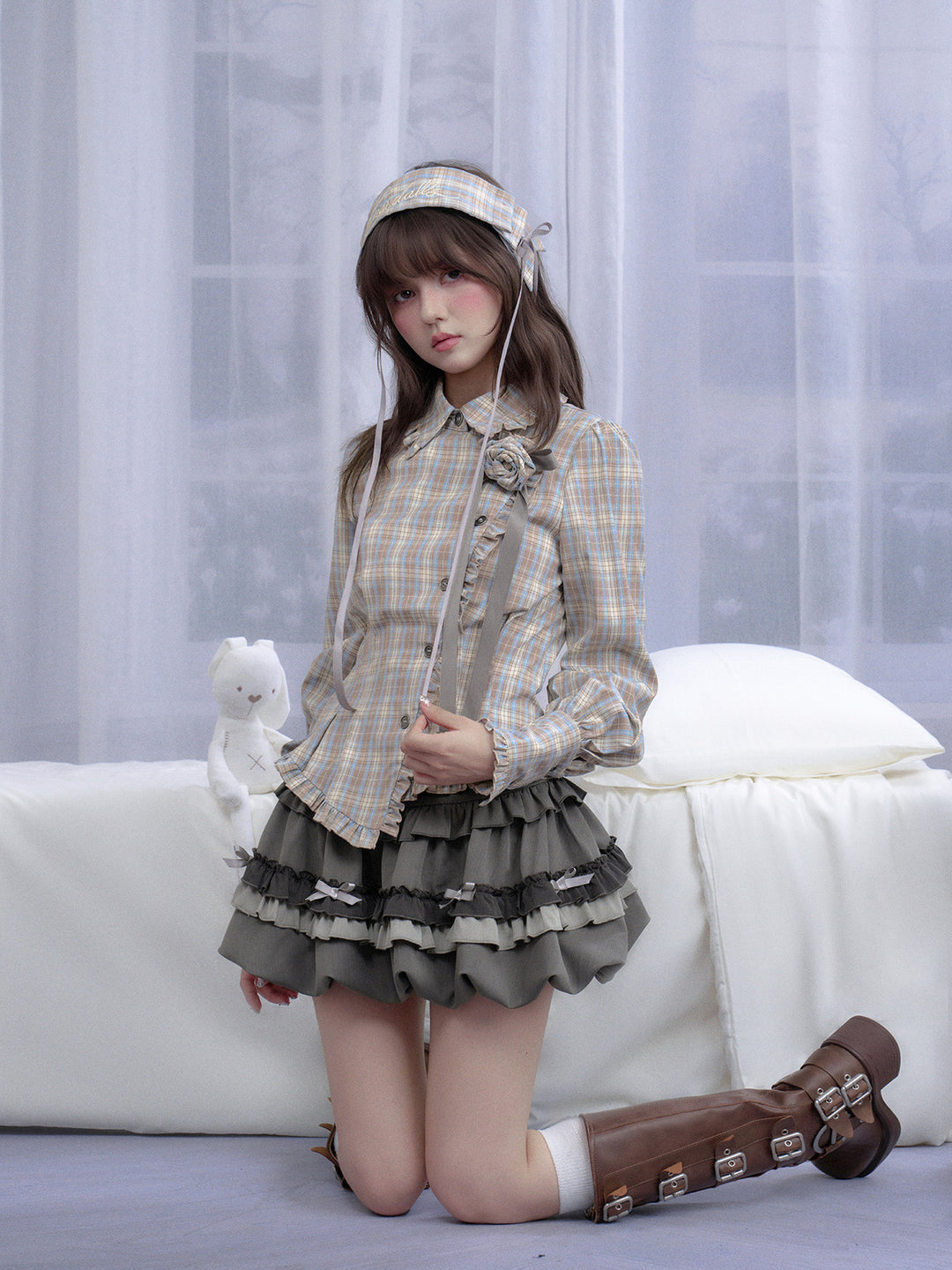 Coquette Rose Brooch Plaid Shirt