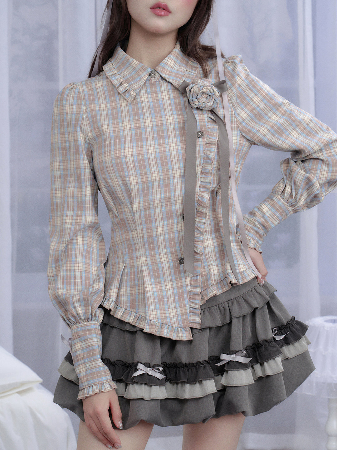 Coquette Rose Brooch Plaid Shirt