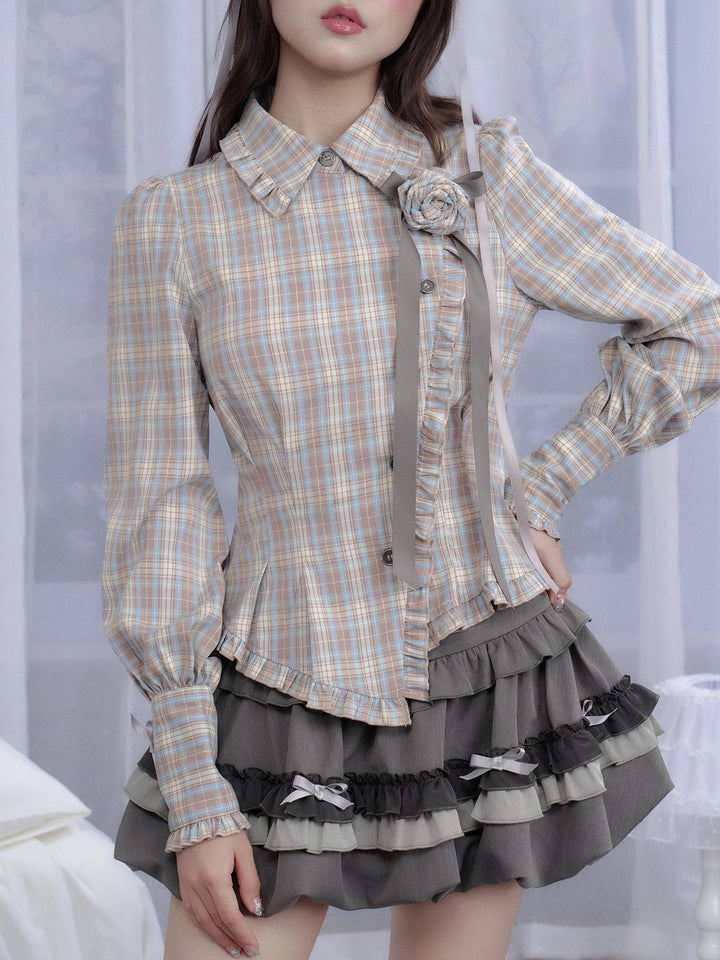 Coquette Rose Brooch Plaid Shirt