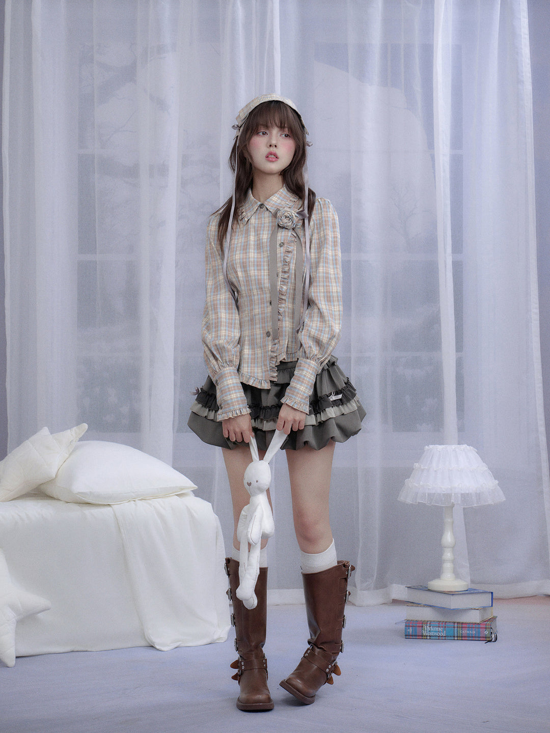 Coquette Rose Brooch Plaid Shirt