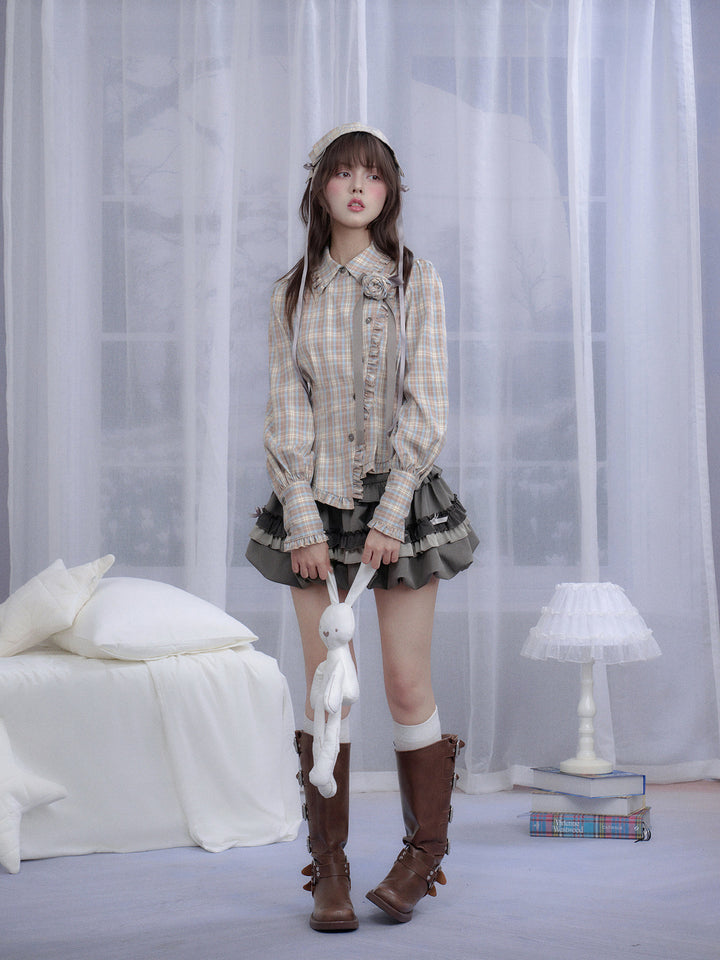 Coquette Rose Brooch Plaid Shirt