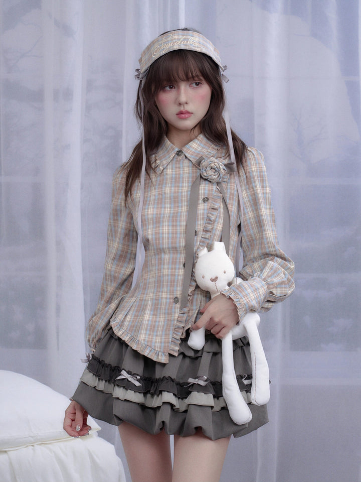 Coquette Rose Brooch Plaid Shirt